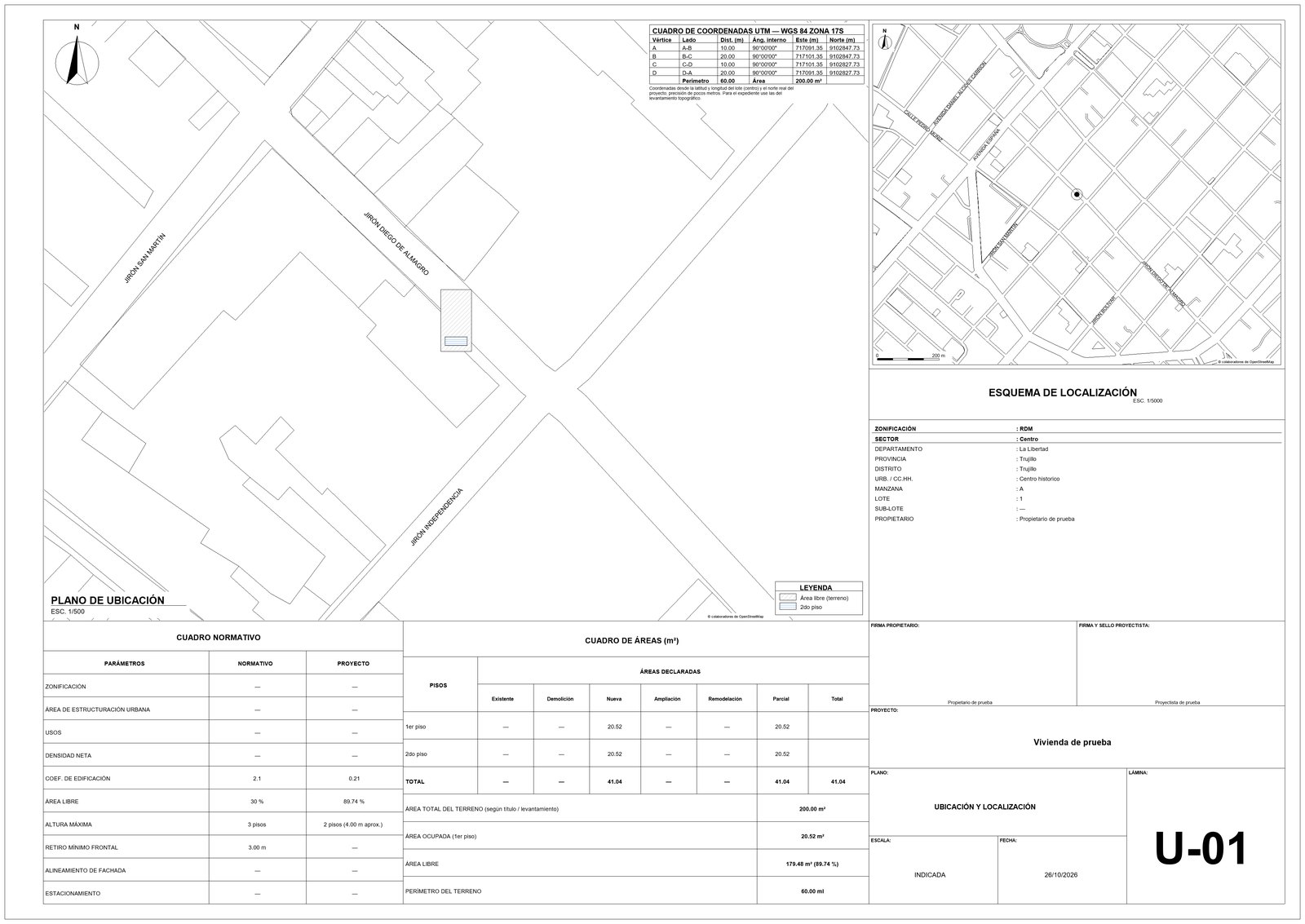 Lámina U-01 generada en Revit: plano de ubicación con calles del centro de Trujillo, esquema de localización, cuadro normativo, cuadro de áreas y cajetín.