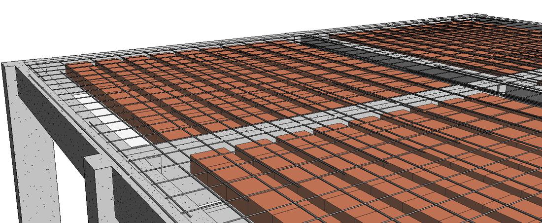Losa aligerada generada por PengBIM en Revit: viguetas, ladrillos y acero junto a una viga.