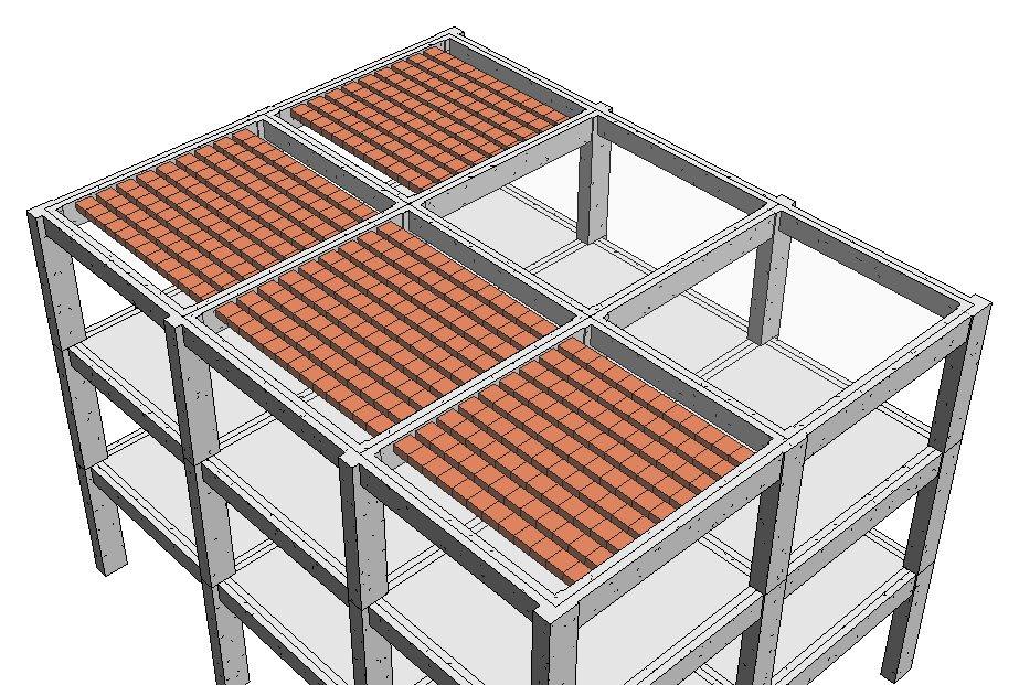 Techo de un edificio en Revit con los ladrillos de la losa aligerada colocados en algunos paños.